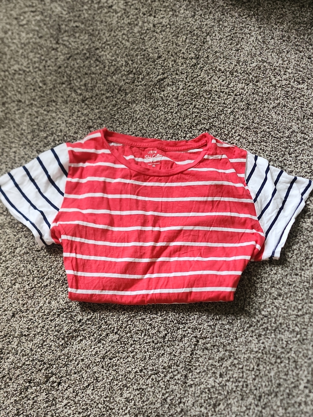 Womens  Striped J Crew crewneck Tee - Red and White with Navy Stripe Sleeves